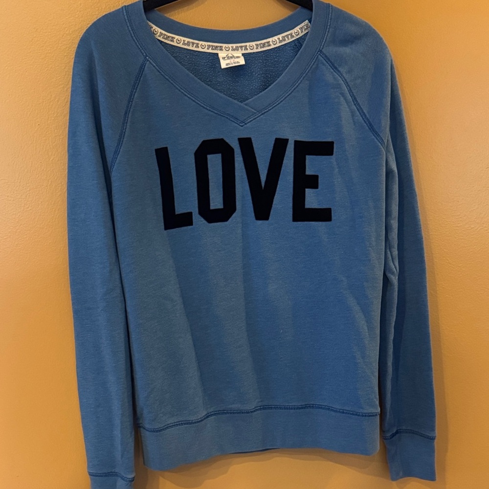 PINK Victoria's Secret Blue V-Neck Sweater with LOVE Print